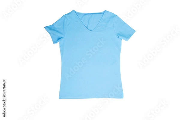 Obraz t-shirt design, women's blue blank T-shirt template, front side, clothing mockup for print, isolated, basic summer clothes