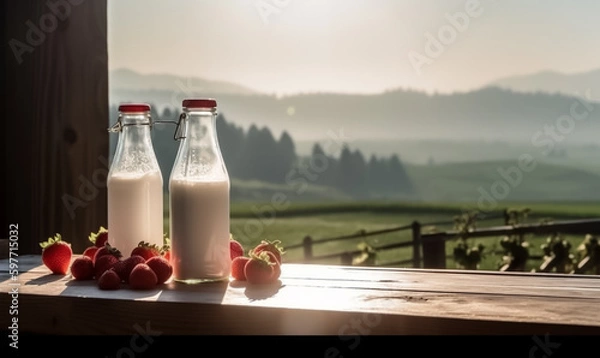 Fototapeta A bottle of fresh milk and glass with strawberries on wood counter with panonamic view of strawberry field, cows and dairy farm in morning sunlight Generative AI