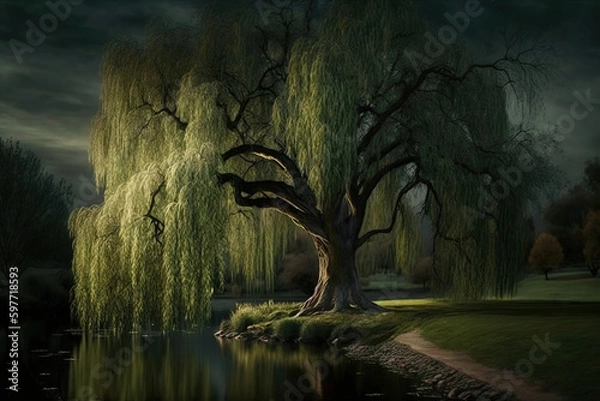Fototapeta weeping willow tree in a park, Generative AI