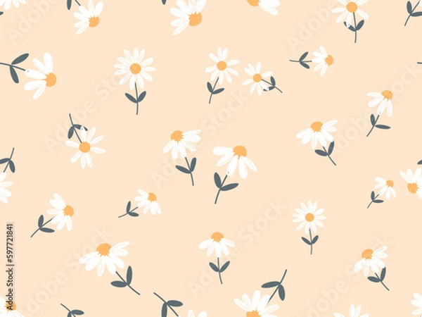 Fototapeta Seamless pattern with daisy flowers on yellow background vector.