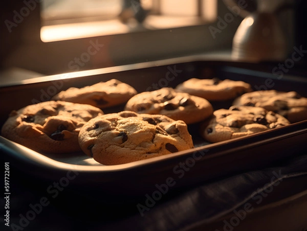 Fototapeta A close-up shot of a tray of freshly baked chocolate chip cookies.