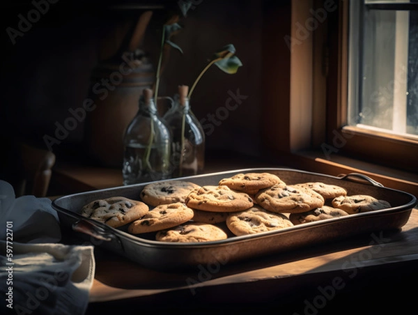 Fototapeta A close-up shot of a tray of freshly baked chocolate chip cookies