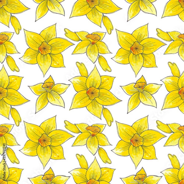 Fototapeta Hand drawn watercolor yellow abstract daffodil seamless pattern on white background. Gift-wrapping, textile, fabric, wallpaper.