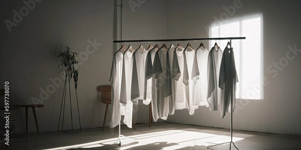 Fototapeta Clean Minimal Clothing Showroom Clothes Rack with White Shirts - Made with Generative AI