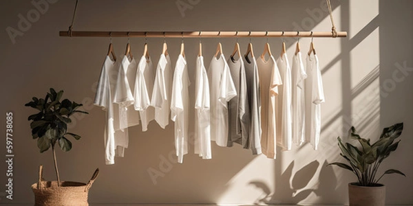 Fototapeta Warm Minimal Clothing Showroom Clothes Rack with White Shirts - Made with Generative AI