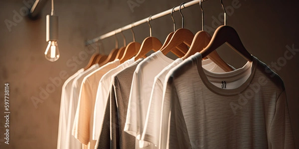 Fototapeta T-Shirts on Hangers in Warm Bright Showroom Made with Generative AI