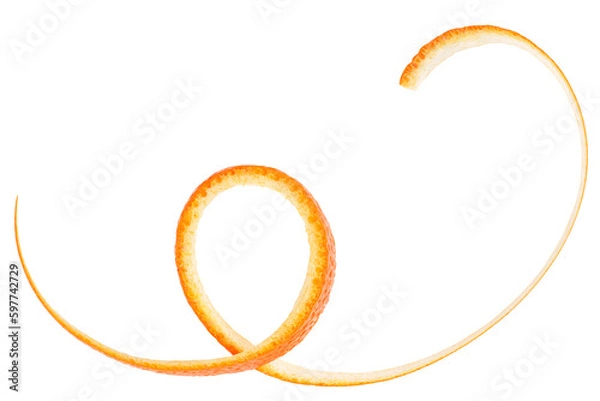 Fototapeta Spiral peel of orange fruit isolated on a white background, top view.