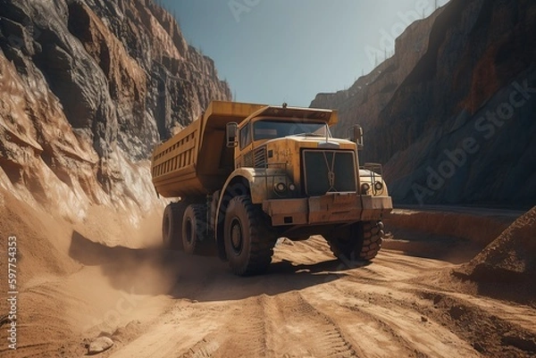 Fototapeta Mining dump truck in retro style. In the sand pits. Big truck in the sand. Generative AI