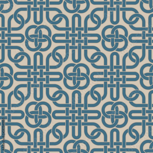 Fototapeta Seamless abstract geometric pattern with interlaced monochrome blue lines. Traditional ornamental Chinese style. Chain mesh. Decorative vector illustration for textile, wrapping, print, and web. 