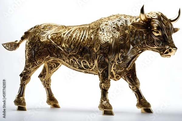 Fototapeta A golden bull sculpture with a floral pattern on it in high quality, Golden bull against white background, Golden pull isolated on white background