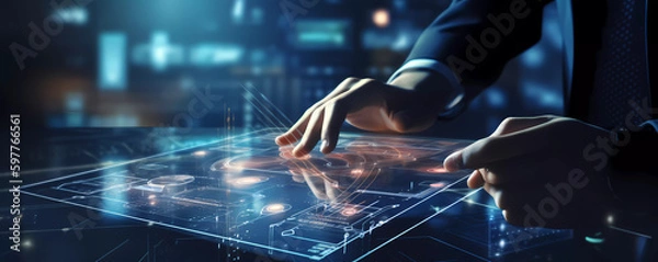 Obraz Digital technology, internet network connection, big data, digital marketing IoT internet of things. Man using modern computer surfing internet futuristic innovative technology background