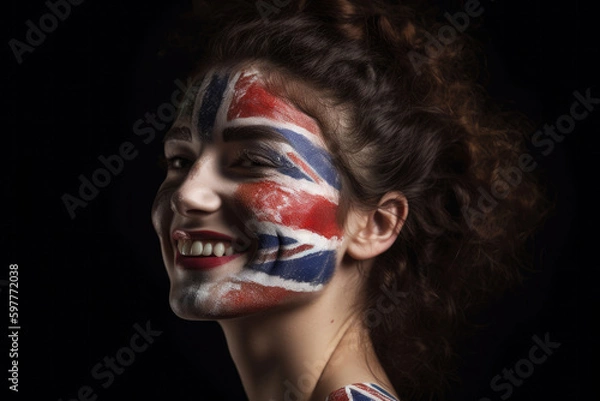 Fototapeta Portrait of a happy woman with her face painted in Union jack Great britain flag. Generative ai