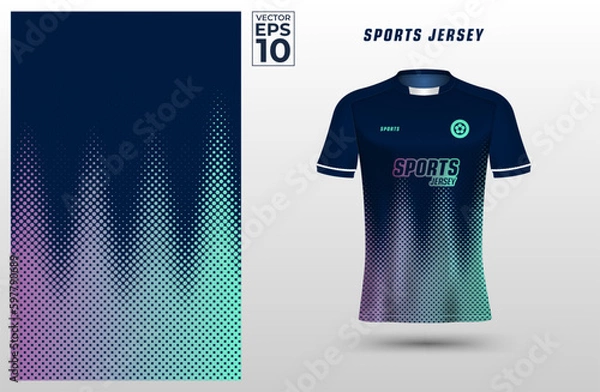 Fototapeta Navy t-shirt sport design template with abstract gradient halftone pattern for soccer jersey. Sport uniform in front view. Tshirt mock up for sport club vector Illustration