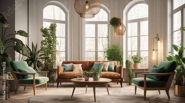 Fototapeta Interior of light living room with sofa, chairs and houseplants, generative ai