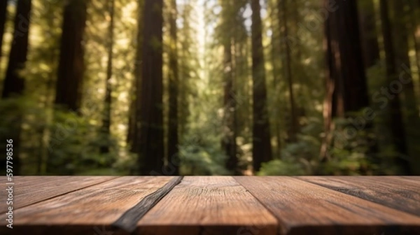 Fototapeta Empty wooden table for product display background, banner and product advertisement mock up with a beautiful forest behind, AI generated