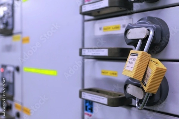 Obraz Lockout Tagout , Electrical safety system.Key lock switch or circuit breaker for safety protect.in electric room