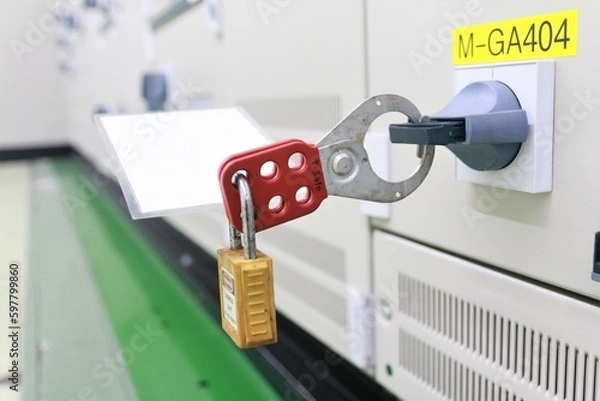 Fototapeta Lockout Tagout , Electrical safety system.Key lock switch or circuit breaker for safety protect.in electric room	
