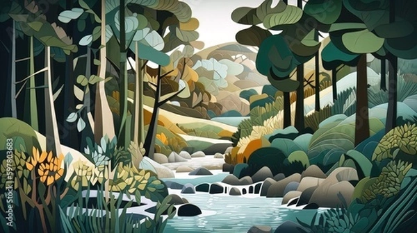 Fototapeta Paper cut art work with green nature forest. Generative AI