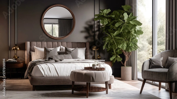 Fototapeta Beautiful interior of the bedroom with a bed and an armchair by the large window. Generative AI