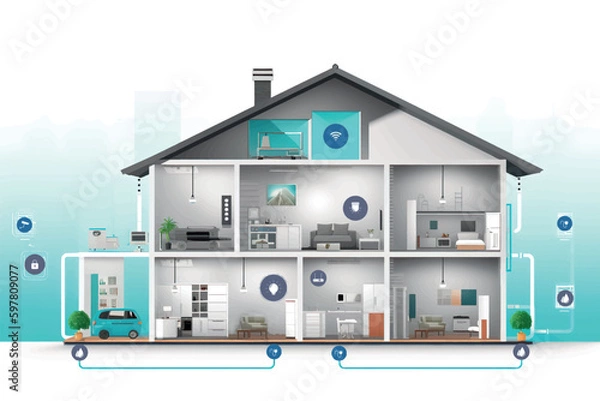 Fototapeta Cross section of a house with smart home connections, wifi stations, icons. Vector graphic