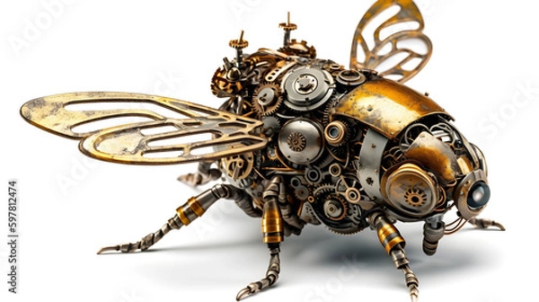 Fototapeta Metal steampunk bee with bronze parts on a white background. Generative AI.