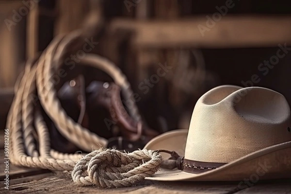 Fototapeta Close up cowboy hat and rope. Ai generative.