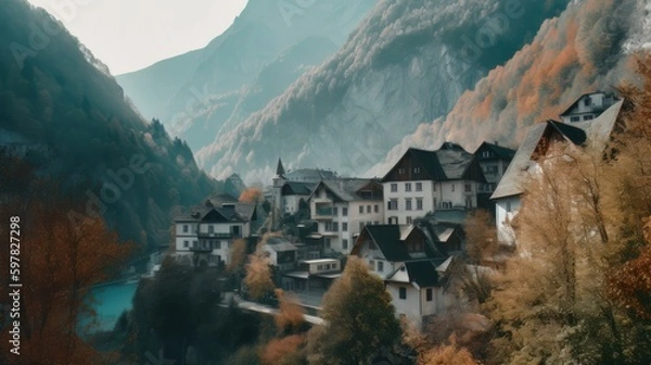 Fototapeta Beautiful old town surrounded by mountains view. Generative AI