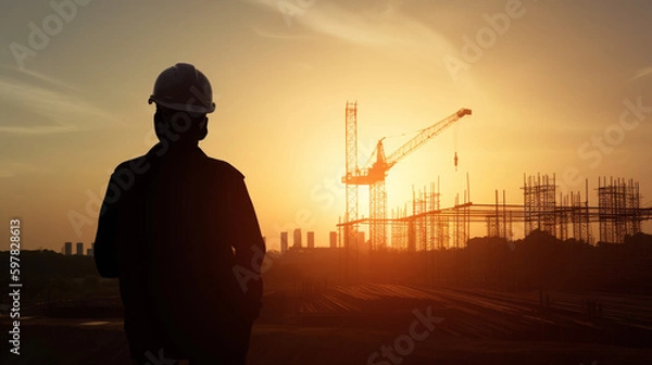 Fototapeta silhouette of a person in the sunset constrution