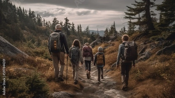 Fototapeta A heartwarming image of a family hiking together, enjoying the natural world and creating lasting memories. Generative AI