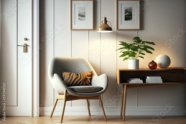 Fototapeta chair in contemporary apartment with blank wall and wooden table. Generative AI