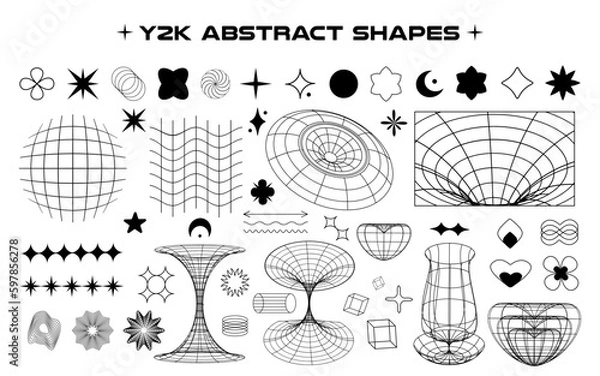 Fototapeta Set of abstract aesthetic y2k geometric isolated elements and wireframe isolated shapes. Black and white retro line design elements. Vector illustration on transparent background.