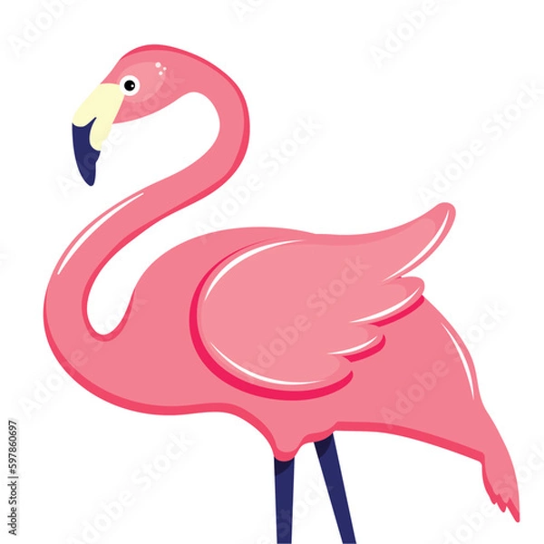 Obraz Pink flamingo vector illustration. Cute and beautiful flat pink flamingo on white background, summer design for print, kids drawing, design for t-shirt, poster, banner, design for fabric and textile