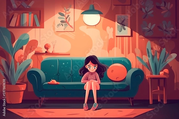 Fototapeta una nina triste e insegura sentada en el sofa