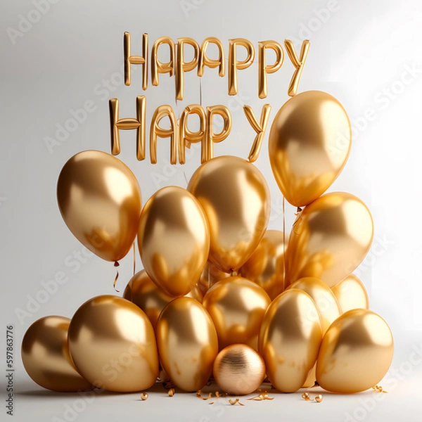 Obraz Background vector with festive realistic 3d balloons with ribbon. Celebratory design with gold colored balloons created with Generative AI technology.