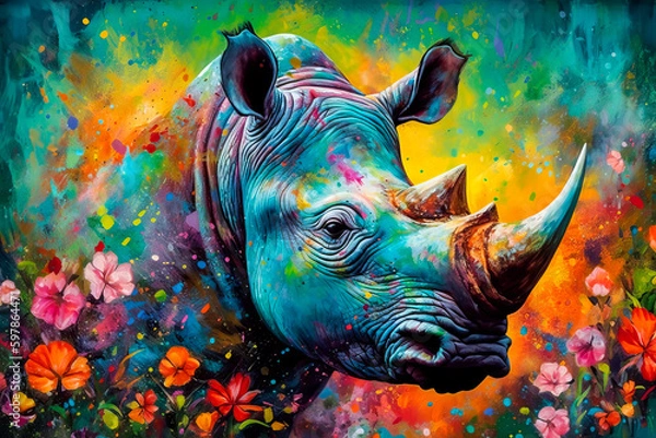 Obraz Beautiful rhinoceros on abstract colorful background. . Generative AI