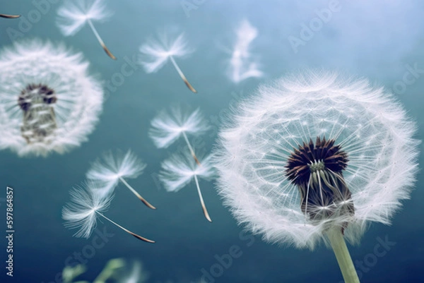 Obraz The white fluffy seeds of a dandelion flower gently float and drift through the air against a beautiful blue background, carried by the wind and dispersing across the landscape.