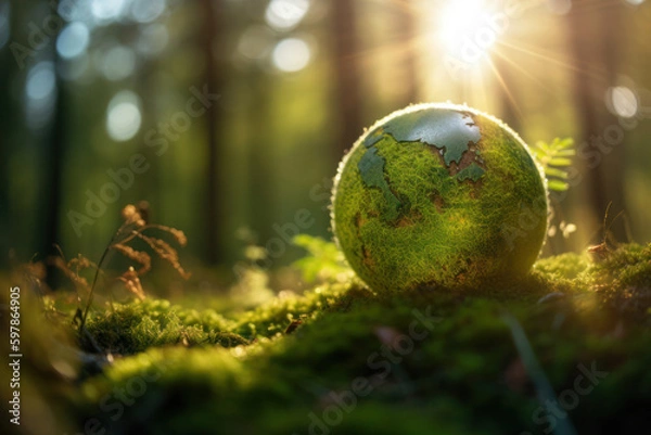 Obraz The Green Globe nestled amidst the lush moss and trees of the forest serves as a powerful symbol of our responsibility to protect the environment and celebrate Earth Day.