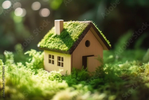 Obraz The eco-friendly house made of wood blends seamlessly into the surrounding environment, showcasing the concept of sustainable and green housing.