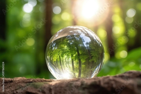Obraz A glass globe nestled in the midst of a verdant forest with a radiant sun shining through, depicting the significance of preserving the environment and promoting sustainable practices in the corporate