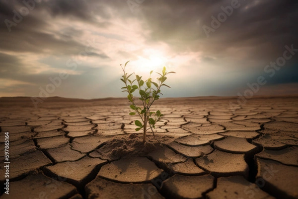 Obraz Plant Growing In Hot Dry Desert With Sunshine And Rain Storm Coming On The Horizon - New Life / Hope Concep