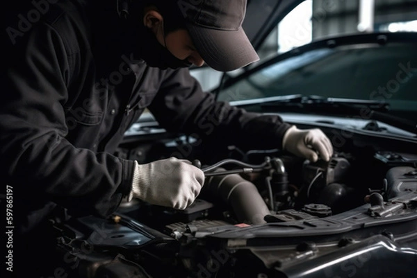 Obraz A skilled automotive technician is using a wrench to work on a car engine in a garage, emphasizing the importance of car repair services and maintenance checks before a vehicle is driven