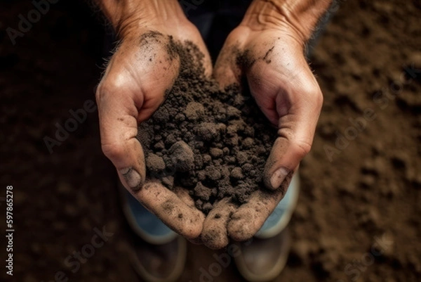 Obraz A top view shows soil being held in hands to check its quality before planting seeds, reflecting the use of modern technologies and smart farming in agriculture.