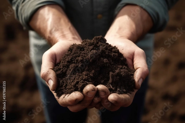 Obraz The use of modern technologies in agriculture, such as soil quality testing before seeding, is highlighted in this image showing a bird's-eye view of soil being examined in hands.