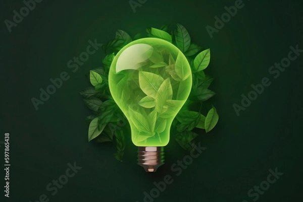 Fototapeta A symbol of sustainable energy sources, the light bulb in this picture signifies the importance of green technology and environmental responsibility in promoting clean, renewable, and circular energy,