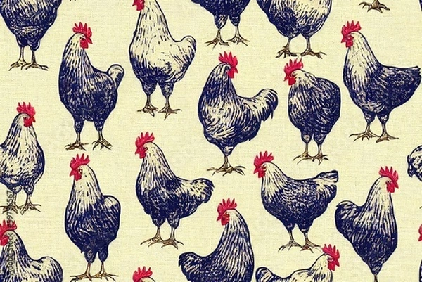 Fototapeta Farmhouse blue chicken hen linen seamless pattern. Tonal french country cottage style farm. Simple vintage rustic fabric textile effect. Stylised nature shabby chic kitchen cloth. Generative AI