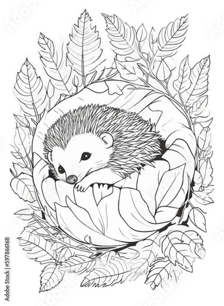 Fototapeta Hedgehog vector coloring book black and white for adults isolated line art on white background.