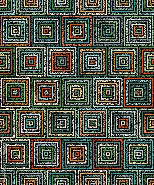 Fototapeta Geometric striped seamless pattern with concentric squares. Irregular jagged edges. Abstract ethnic design with green, orange, and gray lines on a black background. Retro style. Vector image.