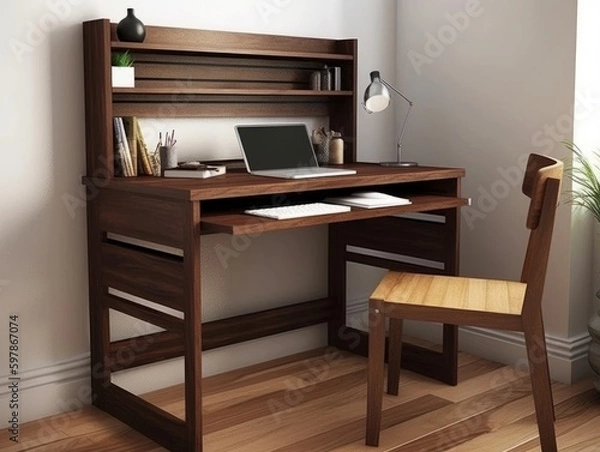 Obraz A wooden desk with a built-in shelf and drawer, perfect for a modern home office