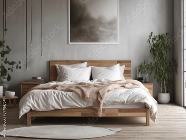 Fototapeta A wooden bed frame with a simple and elegant design, paired with crisp white bedding and minimalist decor