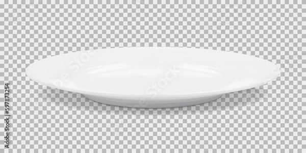Fototapeta White round empty plate side view with transparent shadow. Vector illustration
